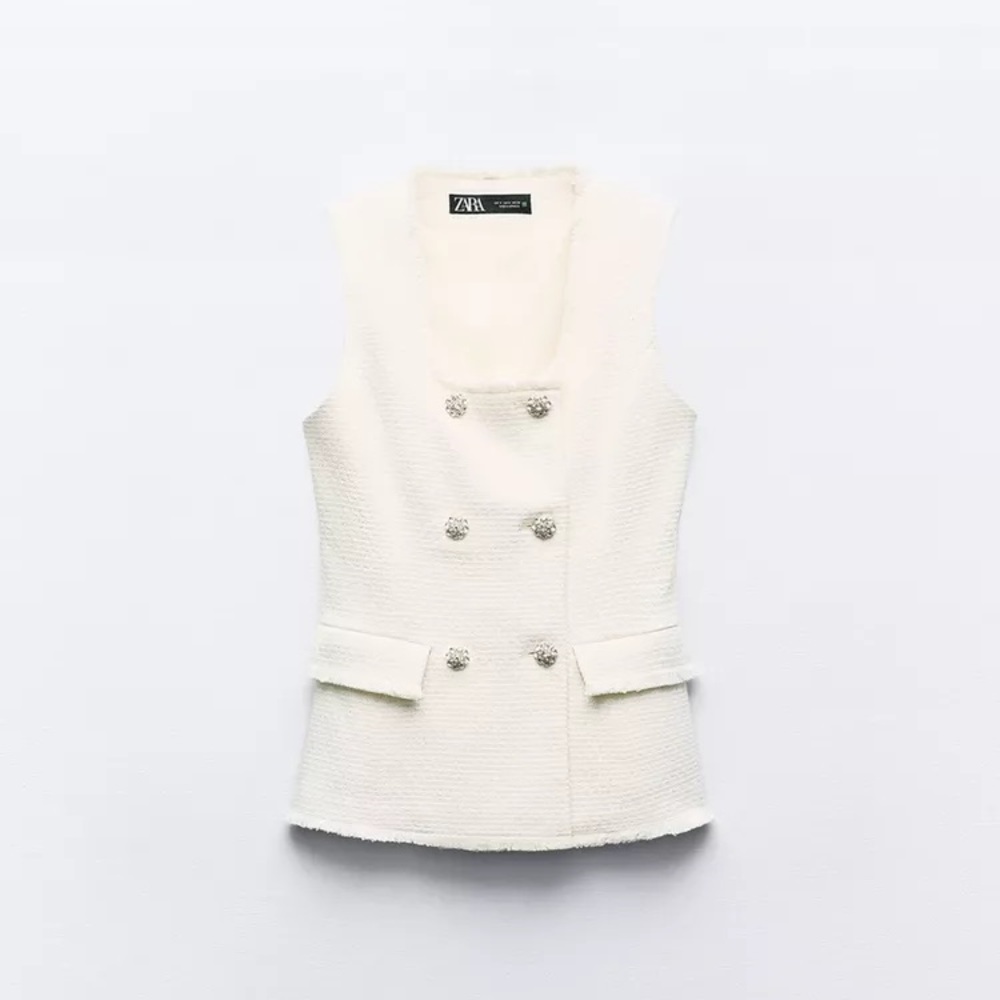 Zara Structured Metallic Thread Tweed Diamond Button Vest